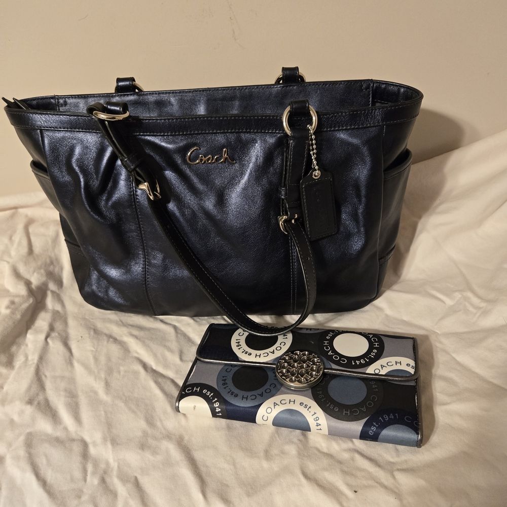 Coach Navy East West Leather Shoulder Bag with Matching Wallet